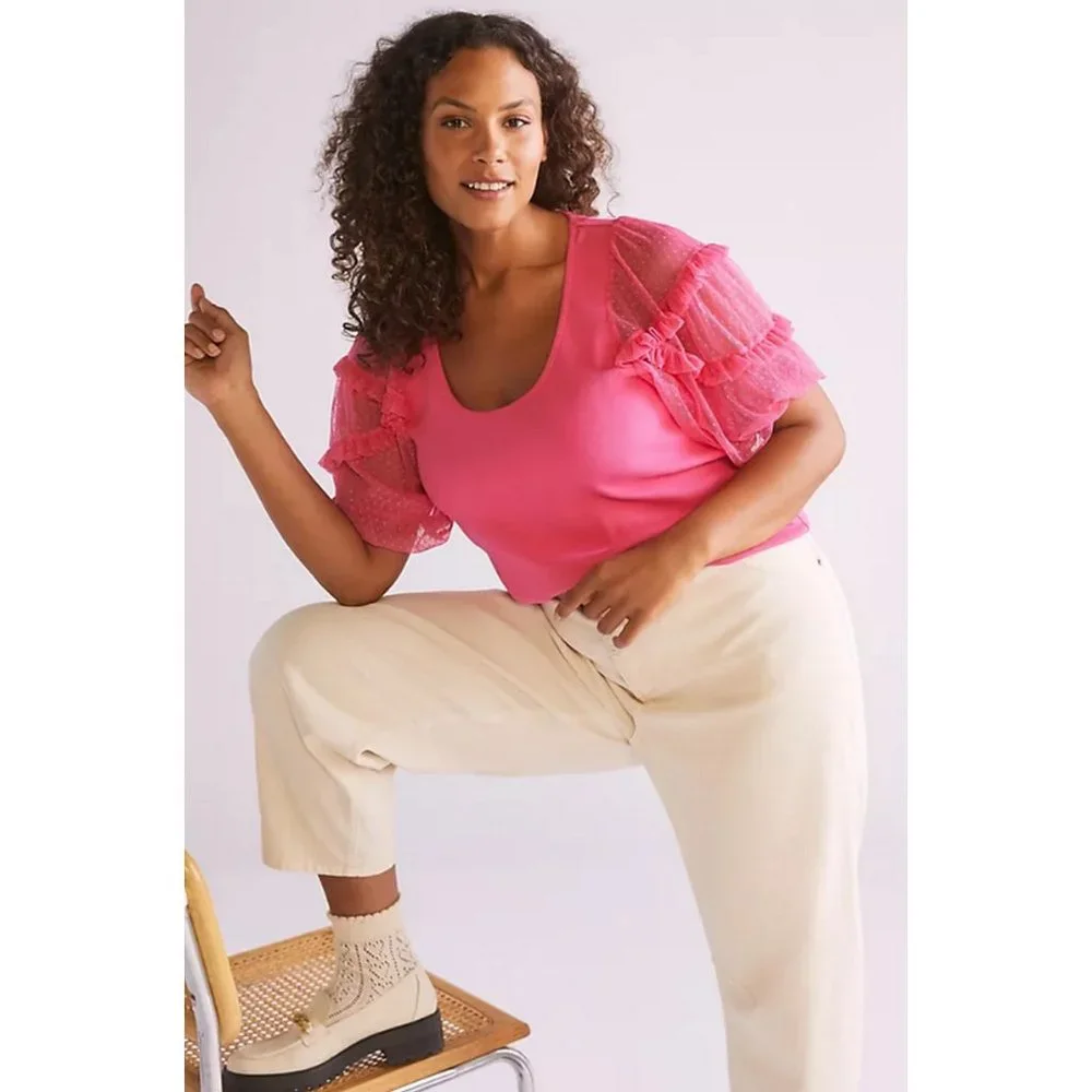 💗 NEW Anthropologie Pink Maeve Ruffled Top 2X - Picture 2 of 6